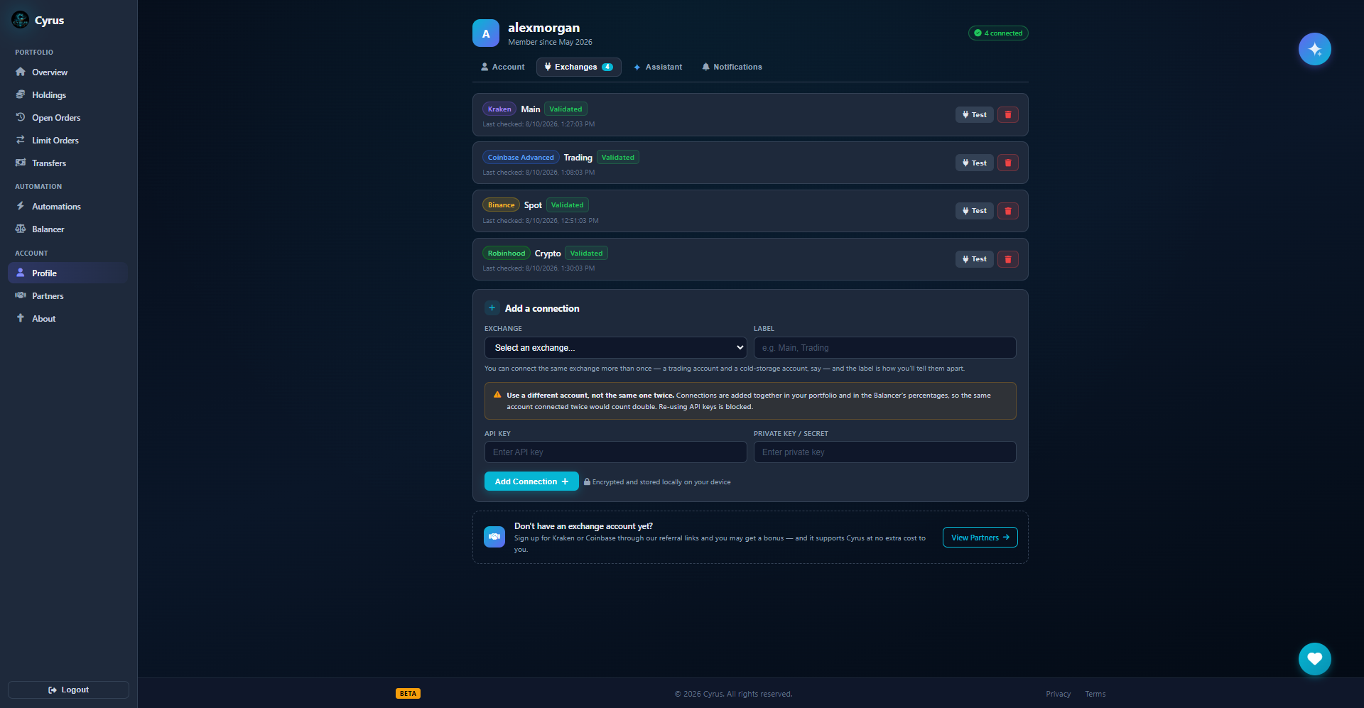 Cyrus profile page on its Exchanges tab: four validated exchange connections each badged with its exchange and last-checked time, above the add-connection form
